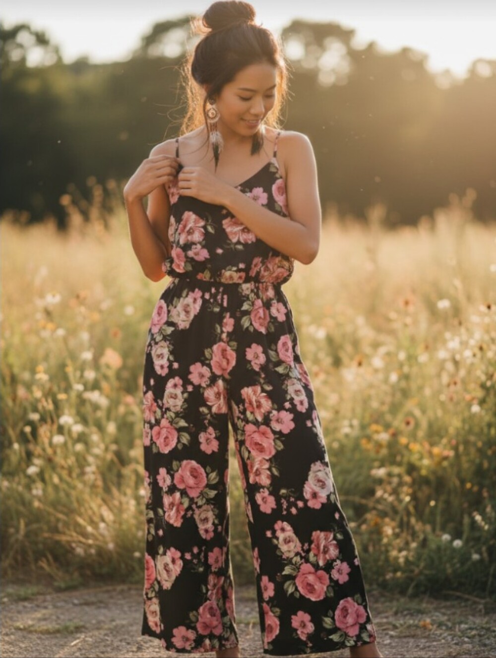 Floral Wide-Leg Jumpsuit in Black and Pink